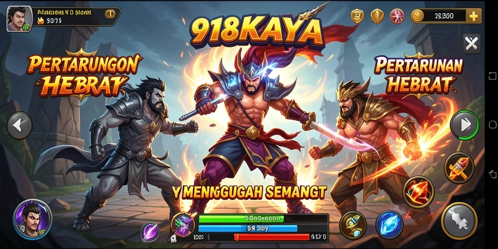 Tangkapan layar gameplay 918KAYA menampilkan pertarungan intens antar karakter.
