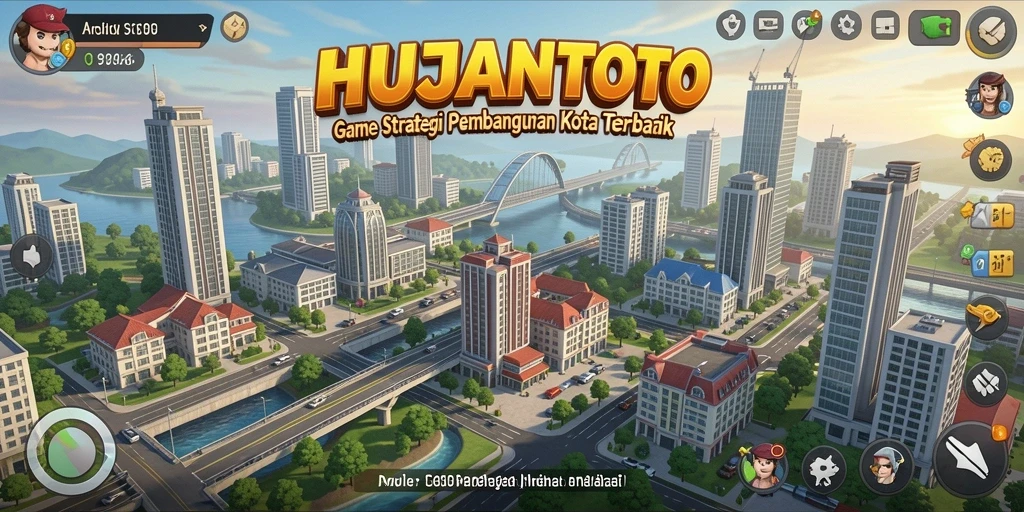 Tampilan gameplay HUJANTOTO yang menampilkan pembangunan kota strategis.
